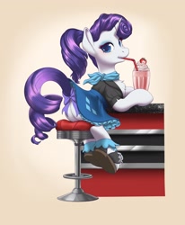 Size: 1687x2048 | Tagged: safe, artist:taytinabelle, derpibooru import, rarity, pony, unicorn, g4, alternate hairstyle, barstool, blushing, bow, butt, chest fluff, clothes, cutie mark accessory, cutie mark on clothes, dress, drink, eyeshadow, female, food, frills, frilly dress, frilly socks, gradient background, horn, looking at you, looking back, looking back at you, makeup, mare, milkshake, necktie, pinup, plot, raised tail, rearity, shirt, shoes, skirt, socks, solo, stool, straw, strawberry, tail, tail bow, upskirt, vignette