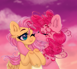 Size: 1280x1153 | Tagged: safe, artist:hoochuu, derpibooru import, fluttershy, pinkie pie, earth pony, pegasus, pony, g4, bust, chest fluff, ear fluff, ears, eyes closed, female, flutterpie, kiss on the cheek, kissing, lesbian, mare, one eye closed, shipping, sunset