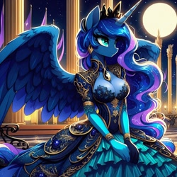 Size: 1024x1024 | Tagged: safe, ai content, derpibooru import, generator:dall-e 3, machine learning generated, princess luna, anthro, g4, banner, bracelet, breasts, classy, cleavage, clothes, collar, corset, dress, evening gloves, frilly dress, gloves, gown, jewelry, lamp, long gloves, moon, night, palace, pillar, prompter:glimmy-glam, regal, side view, spread wings, stars, tiara, wings