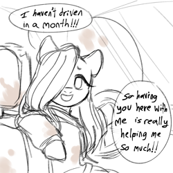 Size: 1280x1280 | Tagged: safe, artist:m4ycrowave, derpibooru import, fluttershy, pegasus, pony, g4, car, dialogue, driving, female, looking at you, looking back, looking back at you, mare, monochrome, solo, talking to viewer