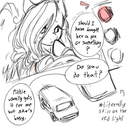 Size: 1280x1280 | Tagged: safe, artist:m4ycrowave, derpibooru import, fluttershy, pegasus, pony, g4, car, dialogue, distracted, driving, female, implied pinkie pie, mare, monochrome, red light, solo, talking to viewer