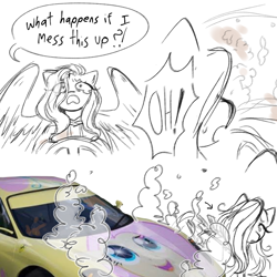 Size: 1280x1280 | Tagged: safe, artist:m4ycrowave, derpibooru import, fluttershy, pegasus, pony, g4, car, car crash, dialogue, eye clipping through hair, female, hair over one eye, mare, partial color, simple background, smoke, solo, speech bubble, teary eyes, white background