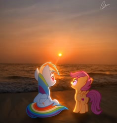 Size: 2700x2850 | Tagged: safe, artist:jaanhavi, derpibooru import, rainbow dash, scootaloo, pegasus, pony, beach, best pony, cute, cutealoo, dashabetes, female, filly, foal, heartwarming, high res, irl, mare, ocean, photo, ponies in real life, scootalove, siblings, sisters, sunset, water, wave
