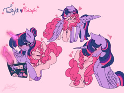 Size: 1280x960 | Tagged: safe, artist:eker08, derpibooru import, pinkie pie, twilight sparkle, twilight sparkle (alicorn), alicorn, earth pony, pony, g4, alternate hairstyle, blushing, boop, cuddling, cute, diapinkes, duo, duo female, eyes closed, female, glowing, glowing horn, hair bun, heart, height difference, horn, horn ring, jewelry, journal, lesbian, lying down, mare, neck nuzzle, necklace, noseboop, pink background, prone, quill, ring, shipping, simple background, twiabetes, twinkie, wing blanket, winghug, wings
