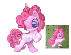 Size: 794x616 | Tagged: safe, artist:dddddaxie998839, derpibooru import, pinkie pie, earth pony, pony, g4, big eyes, big head, bipedal, blue eyes, chibi, curly hair, curly mane, curly tail, female, hoof hold, mare, ornament, pink coat, pink mane, pink tail, simple background, smiling, solo, tail, toy, toy interpretation, white background, wingding eyes