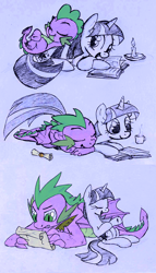 Size: 1280x2233 | Tagged: artist needed, safe, derpibooru import, spike, twilight sparkle, dragon, unicorn, g4, age progression, book, candle, horn, letter, older, quill, scroll, size difference, winged spike, wings