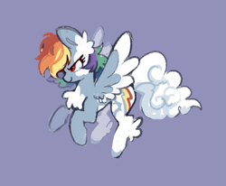 Size: 705x580 | Tagged: safe, artist:buttonheart, derpibooru import, rainbow dash, pegasus, pony, g4, alternate color palette, alternate design, alternate eye color, alternate tail color, alternate tailstyle, big ears, blue coat, chest fluff, cloud tail, colored hooves, colored wings, colored wingtips, curly tail, ear fluff, ears, eyelashes, facial markings, female, flying, leg fluff, long mane, long tail, mare, multicolored hair, narrowed eyes, profile, purple background, rainbow hair, red eyes, redesign, simple background, smiling, solo, tail, two toned wings, white tail, wings