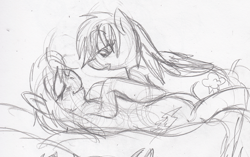 Size: 2257x1417 | Tagged: safe, artist:enigmaticfrustration, derpibooru import, rainbow dash, spitfire, pegasus, pony, g4, bed, blushing, female, females only, lesbian, lying down, mare, monochrome, on bed, pencil drawing, shipping, sketch, spitdash, traditional art