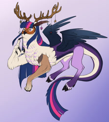 Size: 2048x2304 | Tagged: safe, artist:chub-wub, derpibooru import, twilight sparkle, bird, draconequus, owl, g4, alternate hairstyle, antlers, beak, chest fluff, claws, cloven hooves, coat markings, colored belly, colored ears, colored fetlocks, colored hooves, colored sclera, colored wings, draconequified, face fluff, feather ears, female, glasses, gradient background, gradient wings, horn, horn accessory, horns, in air, leonine tail, long mane, long tail, looking back, multicolored mane, multicolored tail, pale belly, paws, purple eyes, raised leg, requested art, round glasses, sharp claws, small glasses, socks (coat marking), solo, species swap, spread wings, straight mane, straight tail, tail, twikonequus, two toned eyes, unshorn fetlocks, wings, yellow sclera