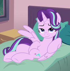 Size: 2374x2410 | Tagged: safe, artist:shieldwingarmorofgod, derpibooru import, starlight glimmer, alicorn, pony, g4, alicornified, bed, bedroom eyes, draw me like one of your french girls, female, high res, lying down, pillow, race swap, starlicorn, xk-class end-of-the-world scenario