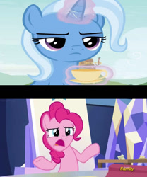 Size: 506x609 | Tagged: safe, artist:batman714, derpibooru import, pinkie pie, trixie, earth pony, unicorn, g4, cup, glare, horn, teacup, trixie is not amused, unamused