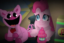 Size: 1280x854 | Tagged: safe, artist:faitheverlasting, derpibooru import, part of a set, pinkie pie, earth pony, pig, pony, battery, commission, cupcake, food, poppy playtime, smiling, smiling critters, story included