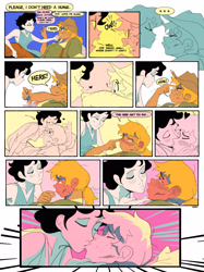 Size: 2551x3409 | Tagged: safe, artist:bixels, derpibooru import, applejack, rarity, human, g4, ..., alternate name, blush lines, blushing, comic, dialogue, duo, duo female, female, forehead kiss, high res, humanized, kiss on the lips, kissing, lesbian, natural hair color, rarijack, red face, shipping, speech bubble, the grand galloping 20s