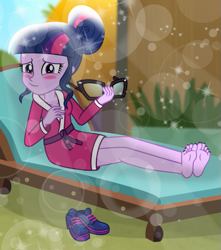Size: 885x1000 | Tagged: safe, artist:emeraldblast63, derpibooru import, sci-twi, twilight sparkle, human, equestria girls, g4, barefoot, blushing, clothes, feet, female, glasses, hair bun, human coloration, humanized, inviting, kimono (clothing), looking at you, nail polish, purple skin, relaxing, shoes, shy, sitting, smiling, smiling at you, solo, spa, teenage girl, teenage sci-twi, teenage twilight sparkle, teenager, toenail polish, toenails, toes, tricolored hair