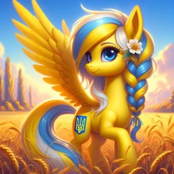 Size: 1024x1024 | Tagged: safe, ai content, derpibooru import, machine learning generated, oc, oc only, oc:ukraine, pegasus, pony, braid, flower, flower in hair, food, nation ponies, ponified, prompter:pedro720k izzy oficial, solo, species swap, ukraine, wheat