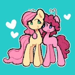 Size: 2048x2048 | Tagged: safe, artist:starrymysteryy, derpibooru import, fluttershy, pinkie pie, earth pony, pegasus, pony, g4, blue background, duo, female, floating heart, flutterpie, heart, lesbian, mare, shipping, simple background