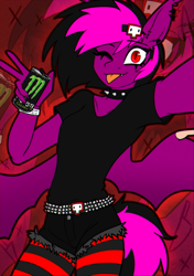 Size: 1992x2831 | Tagged: safe, artist:b(r)at, derpibooru import, oc, oc only, oc:violet valium, anthro, bat pony, anthro oc, bat pony oc, chromatic aberration, clothes, collar, drink, ear piercing, energy drink, eyeliner, fangs, hairclip, hospital band, leggings, makeup, monster energy, one eye closed, peace sign, piercing, red eyes, scar, selfie, shirt, shorts, signature, solo, spiked collar, spread wings, studded belt, t-shirt, tail, tongue, tongue out, torn clothes, two toned mane, two toned tail, wings, wink