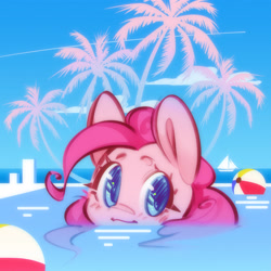 Size: 2048x2048 | Tagged: safe, alternate version, artist:mirroredsea, derpibooru import, pinkie pie, earth pony, pony, g4, ball, cute, diapinkes, female, mare, ocean, palm tree, solo, swimming, swimming pool, tree, water