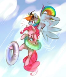 Size: 2300x2679 | Tagged: safe, artist:mirroredsea, derpibooru import, pinkie pie, rainbow dash, earth pony, pegasus, pony, semi-anthro, g4, duo, female, flying, holding a pony, inner tube, laughing, mare, pool toy, sunglasses