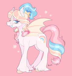 Size: 1392x1477 | Tagged: safe, artist:beyhr, derpibooru import, oc, oc only, oc:bitter glitter, bat pony, pony, art trade, bat pony oc, chest fluff, colored hooves, colored wings, curly hair, curly mane, curly tail, ear tufts, female, fetlock tuft, glasses, grin, lidded eyes, long mane, looking at you, looking back, mare, multicolored mane, multicolored tail, pink background, profile, round glasses, shiny mane, shiny tail, signature, simple background, smiling, smiling at you, solo, sparkles, spread wings, stars, tail, two toned wings, unshorn fetlocks, wings