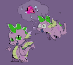 Size: 846x754 | Tagged: safe, artist:fryologyyy, derpibooru import, spike, dragon, g4, ><, colored sketch, colored wings, cute, cute little fangs, daydream, eyes closed, fangs, flying, gem, green eyes, male, open mouth, open smile, purple background, scales, simple background, sketch, slit eyes, smiling, snot bubble, solo, spikabetes, spikes, spread wings, standing, text, thinking, thought bubble, two toned eyes, two toned wings, wingding eyes, winged spike, wings