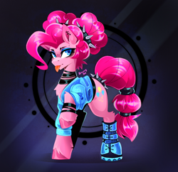 Size: 2577x2496 | Tagged: safe, artist:buvanybu, derpibooru import, pinkie pie, earth pony, pony, g4, :p, alternate hairstyle, boots, bracelet, chest fluff, choker, clothes, ear piercing, eyeshadow, female, fetlock tuft, high res, hock fluff, hoof boots, jacket, jewelry, makeup, mare, piercing, pigtails, punkie pie, raised hoof, raised leg, shoes, signature, solo, spiked headband, spiked tail band, tail, tail band, tail wrap, three quarter view, tongue, tongue out