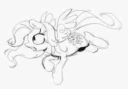 Size: 711x497 | Tagged: safe, artist:fryologyyy, derpibooru import, thistle whistle, pegasus, pony, g3, black and white, ear fluff, ears, eyelashes, female, floppy ears, flying, grayscale, long mane, long tail, mare, monochrome, open mouth, profile, raised hoof, raised leg, simple background, sketch, solo, tail, teeth, wavy mane, wavy tail, white background