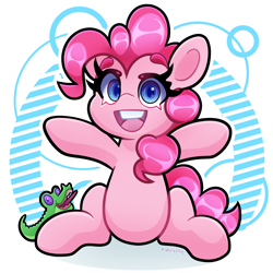 Size: 4000x4000 | Tagged: safe, artist:partypievt, derpibooru import, gummy, pinkie pie, earth pony, pony, arms in the air, belly, eyebrows, high res, looking at you, simple background, sitting, smiling, smiling at you, solo, tongue, tongue out