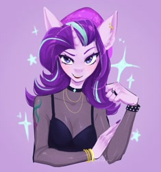 Size: 2027x2160 | Tagged: safe, artist:tomi_ouo, derpibooru import, starlight glimmer, anthro, unicorn, alternative cutie mark placement, beret, big ears, ears, female, hat, horn, looking at you, purple background, shoulder cutie mark, simple background, solo