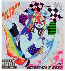 Size: 1096x1200 | Tagged: safe, artist:emoboy130, derpibooru import, rainbow dash, pegasus, pony, g4, ahoge, alternate tail color, anatomically incorrect, bandaid, blue coat, checkered flag, clothes, colored pinnae, colored wings, ear fluff, ear piercing, earring, ears, eye clipping through hair, female, fishnet clothing, flag, hair accessory, hairclip, headphones, holding flag, in air, incorrect leg anatomy, industrial piercing, jewelry, leg warmers, lip piercing, long mane, long tail, mane accessory, medals, multicolored hair, multicolored mane, multicolored tail, narrowed eyes, parental advisory, partially open wings, piercing, pink eyes, rainbow hair, rainbow tail, raised hooves, red text, shiny hooves, shiny mane, shiny tail, shrunken pupils, signature, snake bites, solo, tail, text, tongue, tongue out, tongue piercing, two toned wings, wall of tags, wings, zoom layer