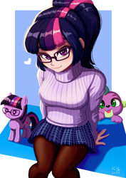 Size: 706x1000 | Tagged: safe, artist:the-park, derpibooru import, sci-twi, spike, spike the regular dog, twilight sparkle, dog, human, pony, equestria girls, g4, clothes, duo, duo male and female, female, heart, human coloration, male, pantyhose, plushie, pony plushie, sitting, sweater