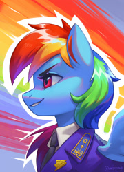 Size: 1684x2345 | Tagged: safe, artist:mrscroup, derpibooru import, rainbow dash, pegasus, pony, equestria at war mod, g4, abstract background, bust, clothes, female, necktie, profile, side view, smiling, smirk, solo, uniform, wonderbolts dress uniform, wonderbolts uniform