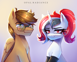 Size: 3000x2420 | Tagged: safe, artist:opal_radiance, derpibooru import, oc, oc only, oc:petrichor, oc:red rocket, pegasus, pony, unicorn, clothes, duo, duo male and female, eyebrows, female, folded wings, glasses, gloves, gradient background, high res, horn, latex, latex gloves, looking at you, male, mare, pegasus oc, signature, smiling, smiling at you, stallion, unicorn oc, wings