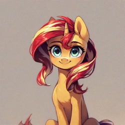 Size: 1024x1024 | Tagged: safe, ai content, derpibooru import, generator:pony diffusion v6 xl, generator:stable diffusion, machine learning generated, sunset shimmer, pony, unicorn, female, horn, looking at you, mare, prompter needed, simple background, sitting, smiling, smiling at you, solo