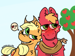 Size: 2160x1620 | Tagged: safe, artist:blossomeclipse, derpibooru import, applejack, big macintosh, earth pony, pony, apple, apple tree, applecest, blushing, brother and sister, duo, duo male and female, female, female on male, incest, larger male, male, mare, mare on stallion, shipping, siblings, smaller female, stallion, straight, straw in mouth, toothy grin, tree