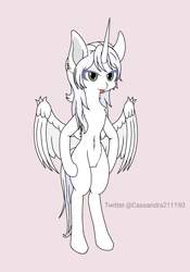 Size: 1400x2000 | Tagged: safe, artist:cassandra211190, derpibooru import, oc, oc only, oc:κασσάνδρα, alicorn, pony, alicorn oc, bipedal, horn, purple background, simple background, solo, tongue, tongue out, wings