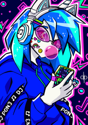 Size: 564x797 | Tagged: safe, artist:d0bledee, derpibooru import, dj pon-3, vinyl scratch, human, equestria girls, g4, bandaid, blue background, bubblegum, cat ears, cellphone, circle, clothes, colored eyebrows, eyebrows, eyebrows visible through hair, eyelashes, female, food, glasses, gum, hairclip, half body, headphones, heart, holding, hoodie, horn, keychain, lighting, looking at you, music notes, outline, phone, rainbow, shiny hair, signature, simple background, smartphone, smiley face, solo, sparkles, sticker, vinyl's glasses