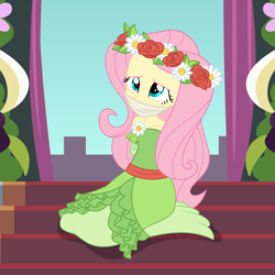 Size: 2000x2000 | Tagged: safe, artist:nie-martw-sie-o-mnie, derpibooru import, part of a set, fluttershy, human, equestria girls, g4, magical mystery cure, arm behind back, bare shoulders, cloth gag, clothes, coronation dress, dress, female, femsub, fluttersub, gag, kneeling, solo, stairs, submissive