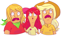 Size: 1280x757 | Tagged: safe, artist:stevetwisp, derpibooru import, apple bloom, applejack, big macintosh, human, apple siblings, apple sisters, bob's burgers, brother and sister, clothes, colored, crossover, female, freckles, gene belcher, looking at you, louise belcher, male, open mouth, shirt, siblings, simple background, sisters, tina belcher, white background