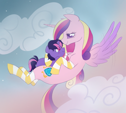 Size: 1372x1227 | Tagged: safe, artist:sparjechkaa, derpibooru import, princess cadance, clothes, cloud, commission, cute, female, filly, flying, foal, sky, socks, striped socks, ych result