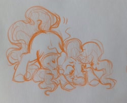 Size: 2560x2078 | Tagged: safe, artist:sparjechkaa, derpibooru import, plumsweet, g4, brushable, curly hair, curly mane, cute, pet, sketch, solo, toy, traditional art