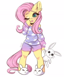 Size: 1710x2048 | Tagged: safe, artist:in4ri_, derpibooru import, fluttershy, pegasus, pony, semi-anthro, g4, blushing, bunny plushie, clothes, doll, ear fluff, ears, female, mare, one eye closed, pajamas, plushie, shoulder fluff, simple background, sleepy, slippers, solo, toy, white background, yawn