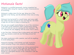 Size: 2000x1500 | Tagged: safe, artist:bazza, derpibooru import, oc, oc only, oc:mckenzie, earth pony, pony, g4, cutie mark, earth pony oc, facts, gradient background, hair tie, jumping, photoshop, reference sheet, simple shading, smiling, solo