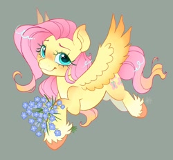 Size: 1024x945 | Tagged: safe, artist:catmintyt, derpibooru import, fluttershy, pegasus, pony, flower, flying, forget-me-not (flower), gray background, simple background, smiling, solo, unshorn fetlocks