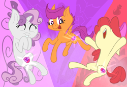 Size: 1280x882 | Tagged: safe, artist:kiwiplur, derpibooru import, apple bloom, scootaloo, sweetie belle, earth pony, pegasus, pony, unicorn, crusaders of the lost mark, g4, abstract background, cutie mark crusaders, eyes closed, female, filly, foal, grin, horn, open mouth, smiling