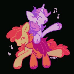 Size: 2048x2048 | Tagged: safe, artist:mira13mura, derpibooru import, apple bloom, scootaloo, sweetie belle, earth pony, pegasus, pony, unicorn, black background, cutie mark crusaders, female, filly, foal, horn, music notes, simple background