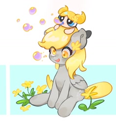 Size: 1253x1323 | Tagged: safe, artist:chonpsk, derpibooru import, derpy hooves, pegasus, pony, :o, abstract background, blowing bubbles, bubble, bubbles (powerpuff girls), crossover, female, flower, flower on ear, mare, open mouth, smiling, soap bubble, the powerpuff girls