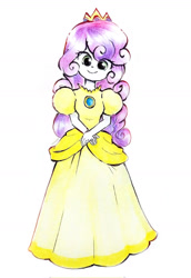 Size: 1280x1857 | Tagged: safe, artist:liaaqila, derpibooru import, sweetie belle, human, equestria girls, g4, alternate hairstyle, clothes, crown, cute, diasweetes, dress, female, gown, hands together, jewelry, poofy shoulders, princess peach, princess sweetie belle, regalia, smiling, solo, super mario bros.