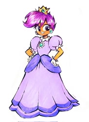 Size: 878x1200 | Tagged: safe, artist:liaaqila, derpibooru import, scootaloo, human, equestria girls, g4, clothes, crown, cute, cutealoo, dress, ear piercing, earring, female, gloves, gown, grin, hand on hip, jewelry, piercing, poofy shoulders, princess daisy, princess scootaloo, regalia, smiling, solo, super mario bros.