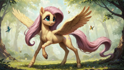 Size: 1920x1088 | Tagged: safe, ai content, derpibooru import, generator:stable diffusion, machine learning generated, fluttershy, butterfly, pegasus, pony, g4, cute, fit, full body, generator:autismmix confetti, muscles, outdoors, prompter:truekry, shyabetes, slender, smiling, solo, spread wings, thin, wallpaper, wings